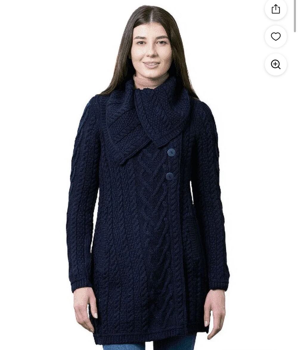 SAOL Ireland Merino Wool Cable Knit Long Line Cardigan Sweater Warm Size M